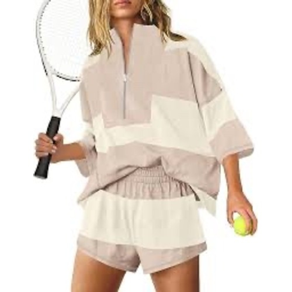 Pink Cream Striped Quarter Zip Pullover and Shorts Lounge Set XL Womens